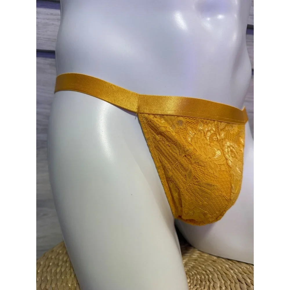Cosabella Men's Lace Thong Brief Taaja  Mango Yellow Luxury Italian Lace Size L‎